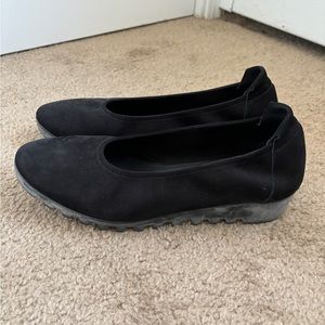 Arche black suede almond toe flats with wedge
